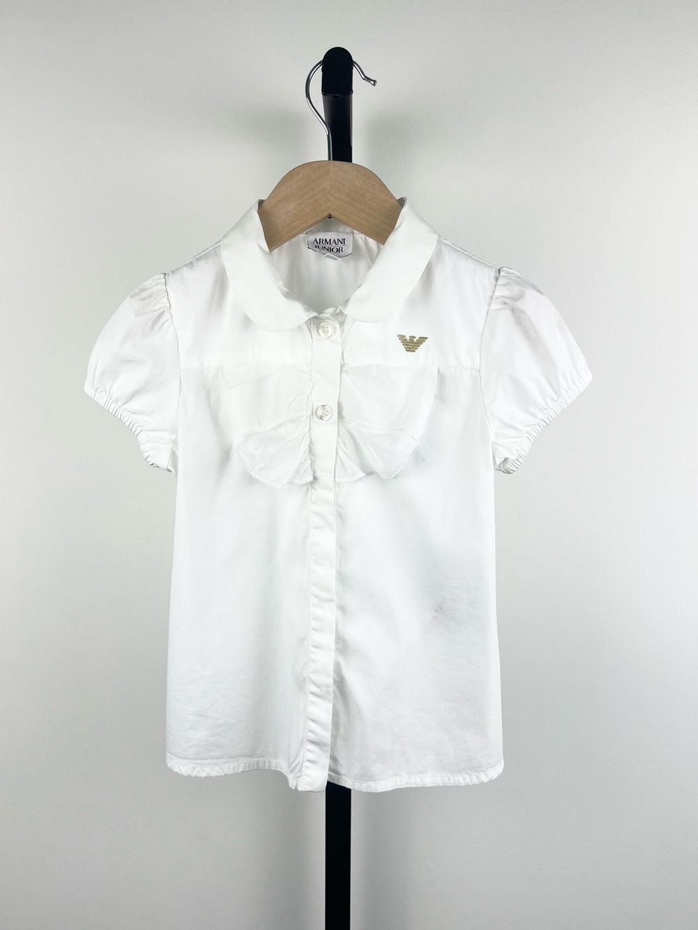 Armani Junior Girls White Peter Pan Collar Ruffle Front Puff Sleeve Blouse, 5A